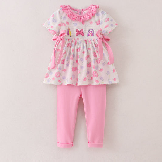 Girls Back To School Pencil Bow Rainbow Smocked Set
