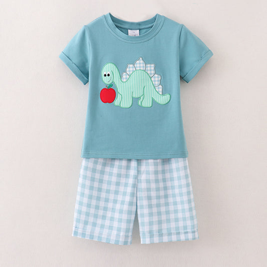 Boys Back To School Dinosour Apple Applique Short Set