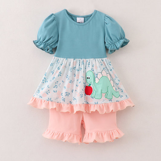 Girls Summer Back To School Dinosour Apple Applique Short Set