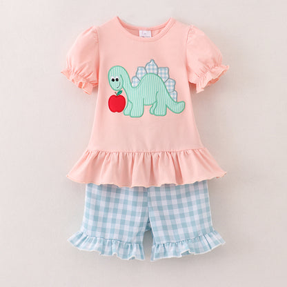 Girls Back To School Dinosour Apple Applique Short Set