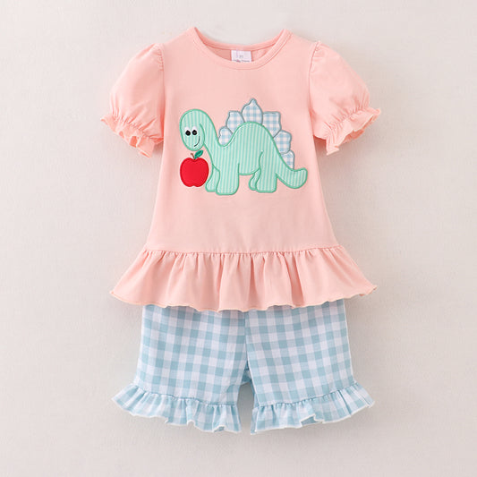 Girls Back To School Dinosour Apple Applique Short Set
