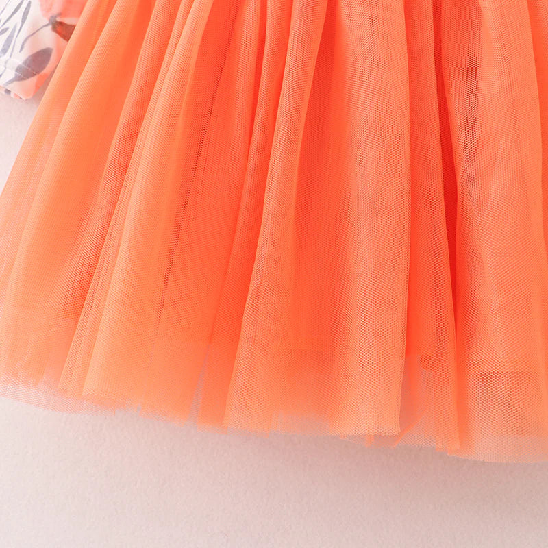 Fall Leaves Print Orange Tulle Dress For Girls