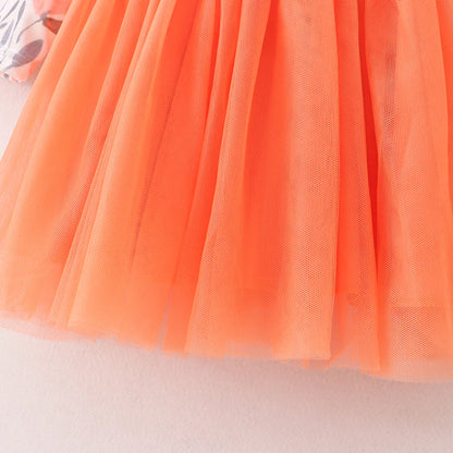 Fall Leaves Print Orange Tulle Dress For Girls
