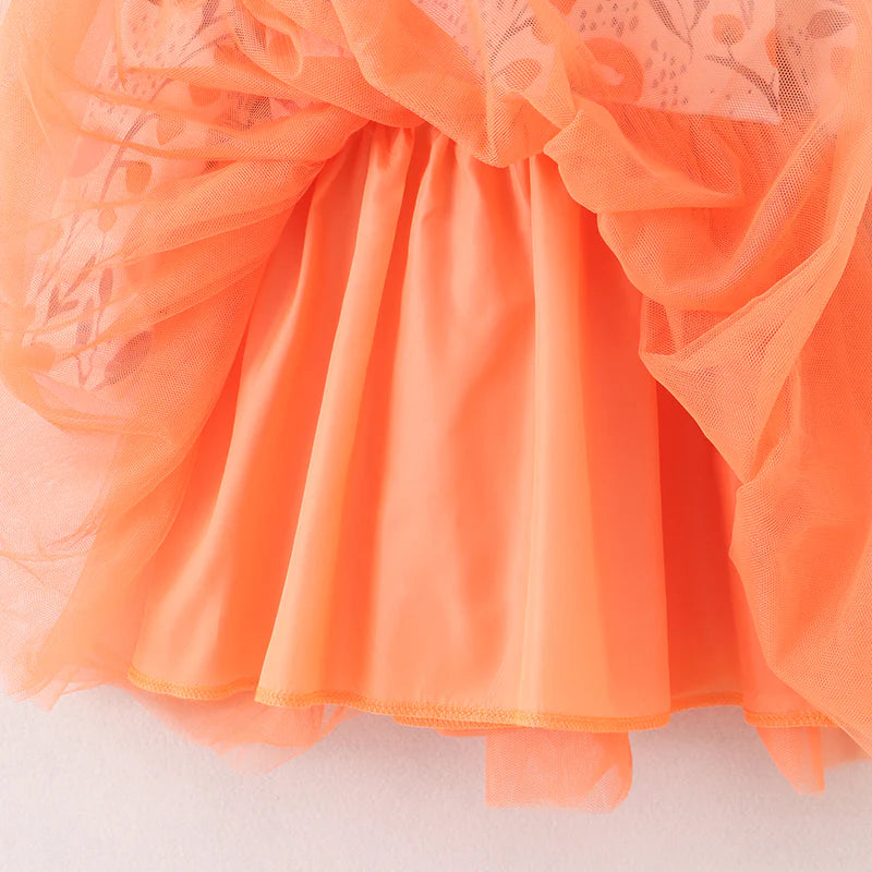 Fall Leaves Print Orange Tulle Dress For Girls