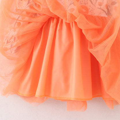 Fall Leaves Print Orange Tulle Dress For Girls