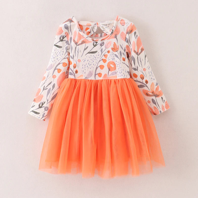 Fall Leaves Print Orange Tulle Dress For Girls