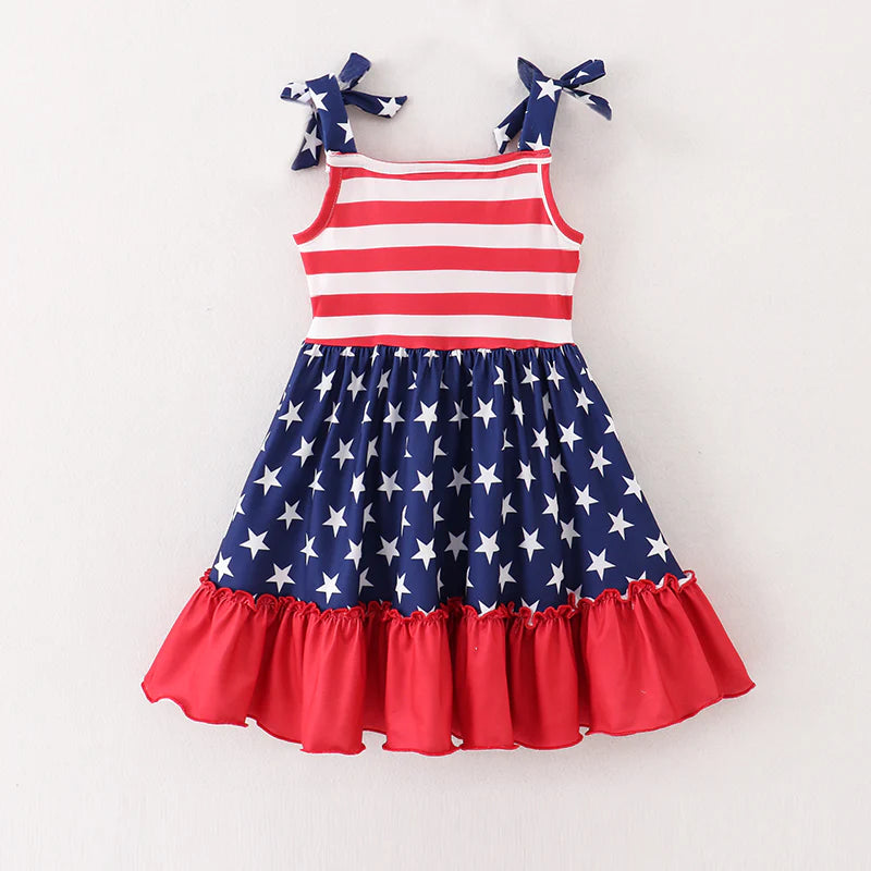 Girls Patriotic July 4th Red Navy Star Slip Dress