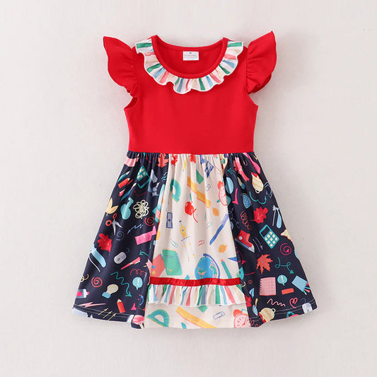 Girls' Summer Back To School Print Patchwork Dress