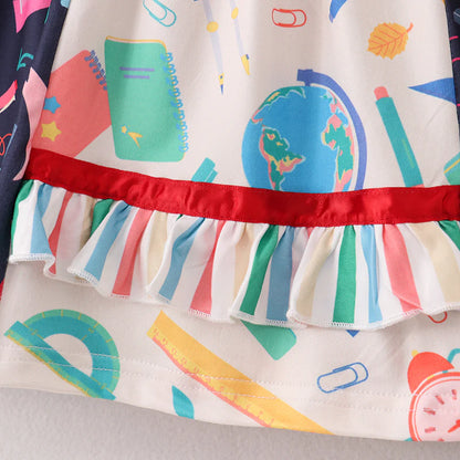 Girls' Summer Back To School Print Patchwork Dress