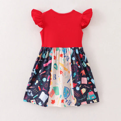 Girls' Summer Back To School Print Patchwork Dress