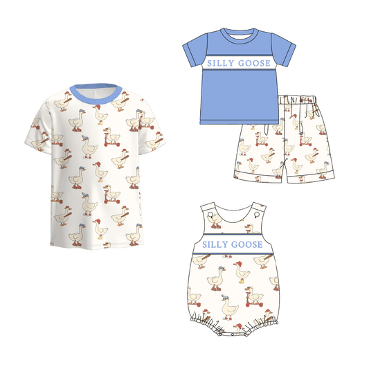 Boys Sibling Summer Silly Goose Embroidery Matching Clothes