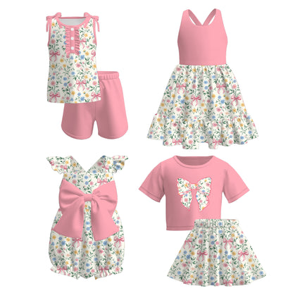Girls Summer Sibling Matching Pink Bow Floral Clothes