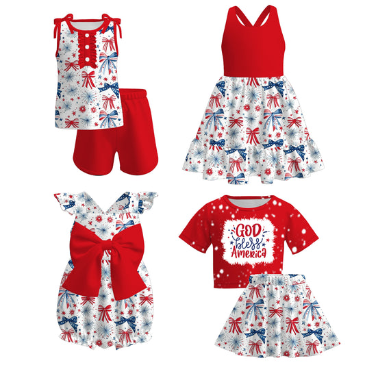 Girls July 4th Sibling Matching Red Blue Bow Clothes