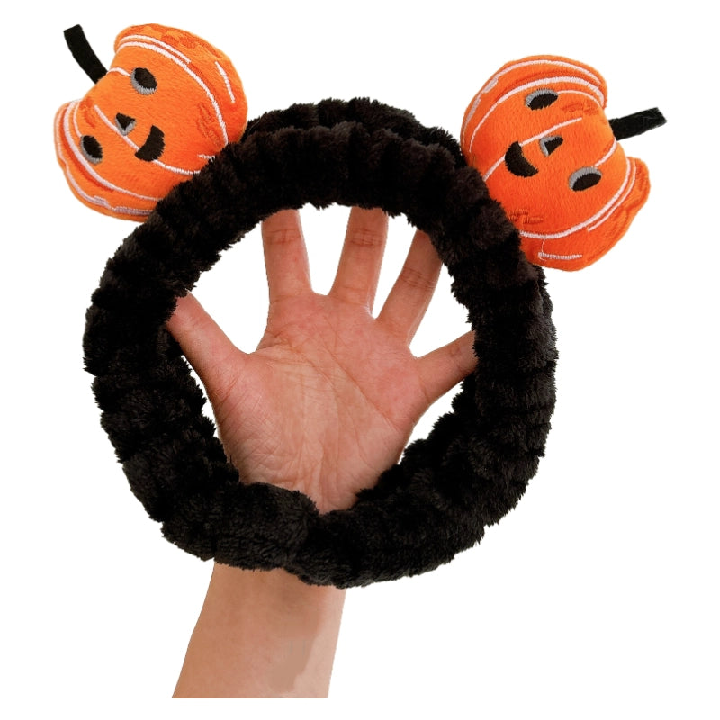 Halloween Pumpkin Plush Headband & Wristband Set – Funny Spa Hair Band with Cloud Cuffs