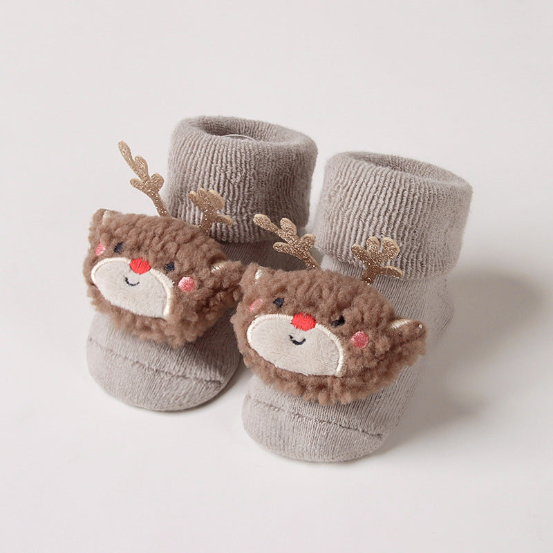 Newborn Baby Christmas Socks Red Combed Cotton Thick Fleece-Lined Non-Slip Floor Socks for Winter