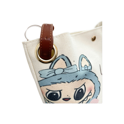 Cartoon Labubu Canvas Bucket Bag Painted Crossbody & Shoulder Tote