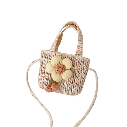 Spring Summer Kids Strawberry Bow Flower Straw Crossbody Bag