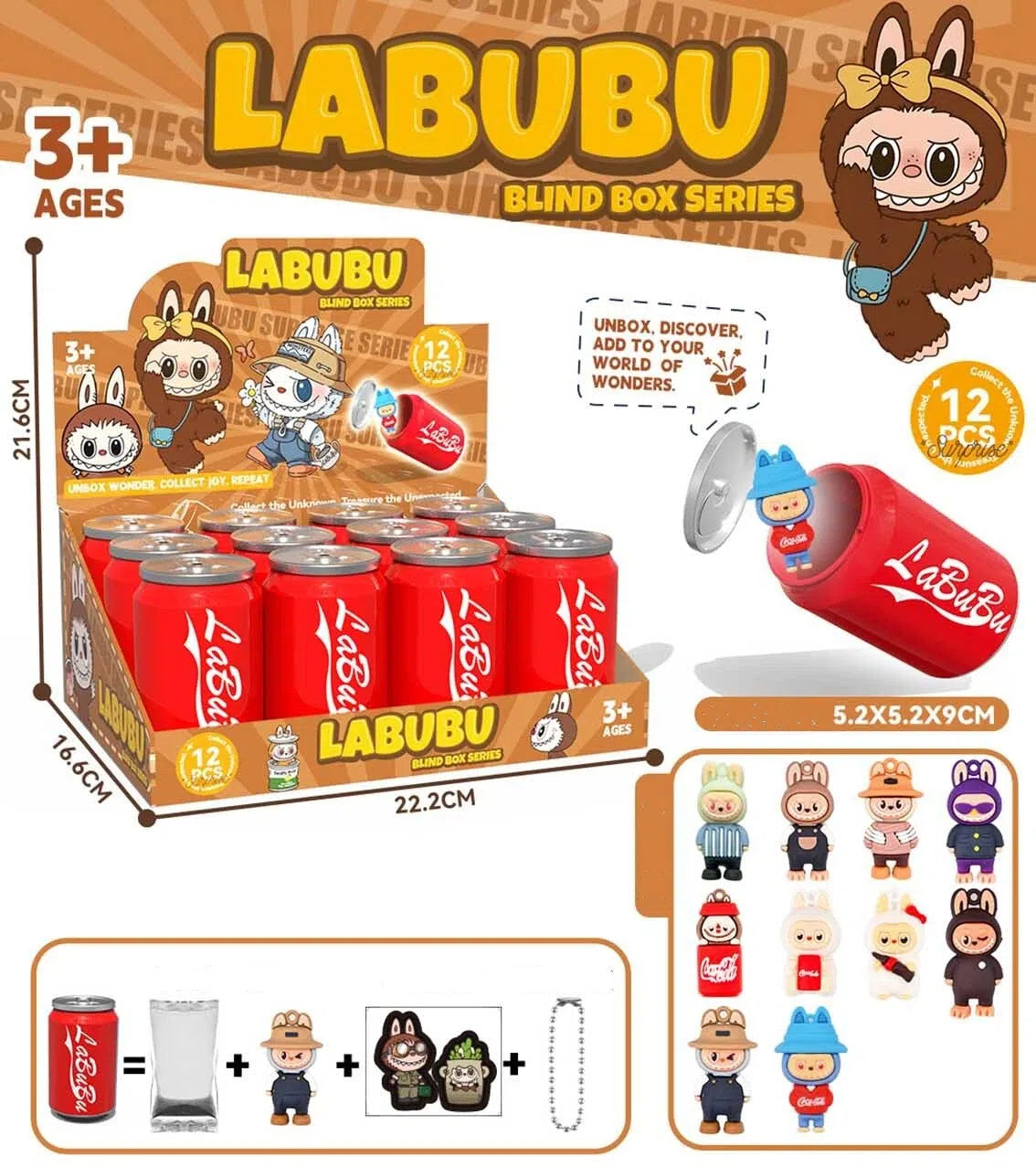 Labubu Blind Box Keychain Cute Cartoon Cola Can Mini Figure Keyring Toy Gift 12Pcs