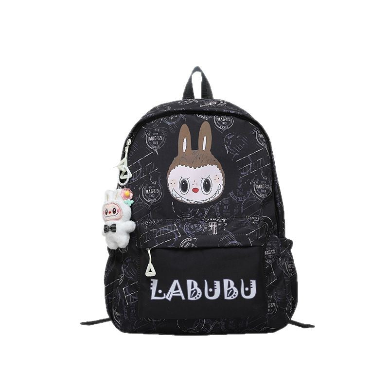 Labubu Trendy Print Large Backpack Back To School Bag With Keychain Charm