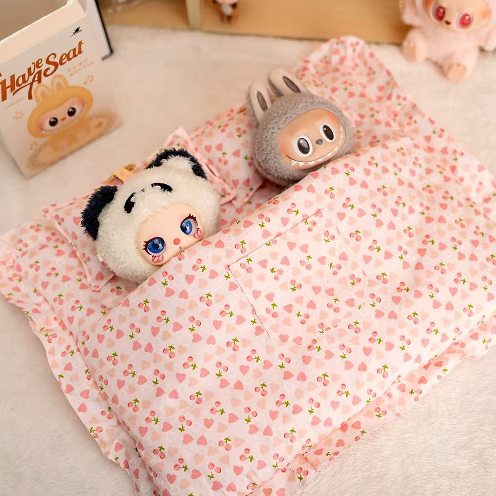 17cm Labubu Doll Double Sleeping Bag Set Mini Quilt & Pillow
