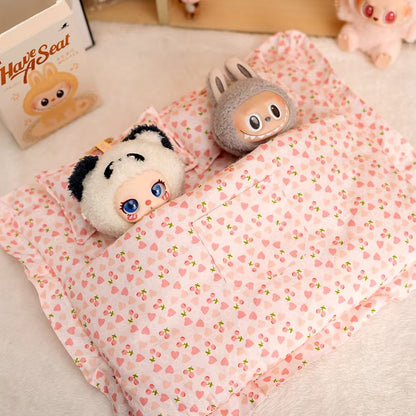 17cm Labubu Doll Double Sleeping Bag Set Mini Quilt & Pillow