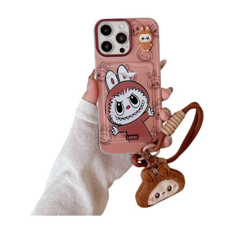 Cartoon Labubu Print Phone Case with Lanyard & Plush Labubu Charm, Shockproof for iPhone