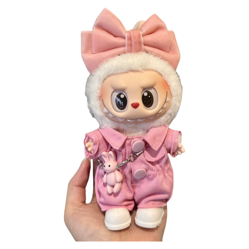 17cm Labubu Pink Overall Headwear Pendant Shoes Dress Up Changeable Costume