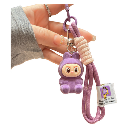 Flocked Labubu Resin Keychain with Cute Strap Plush Bag Charm Accessory