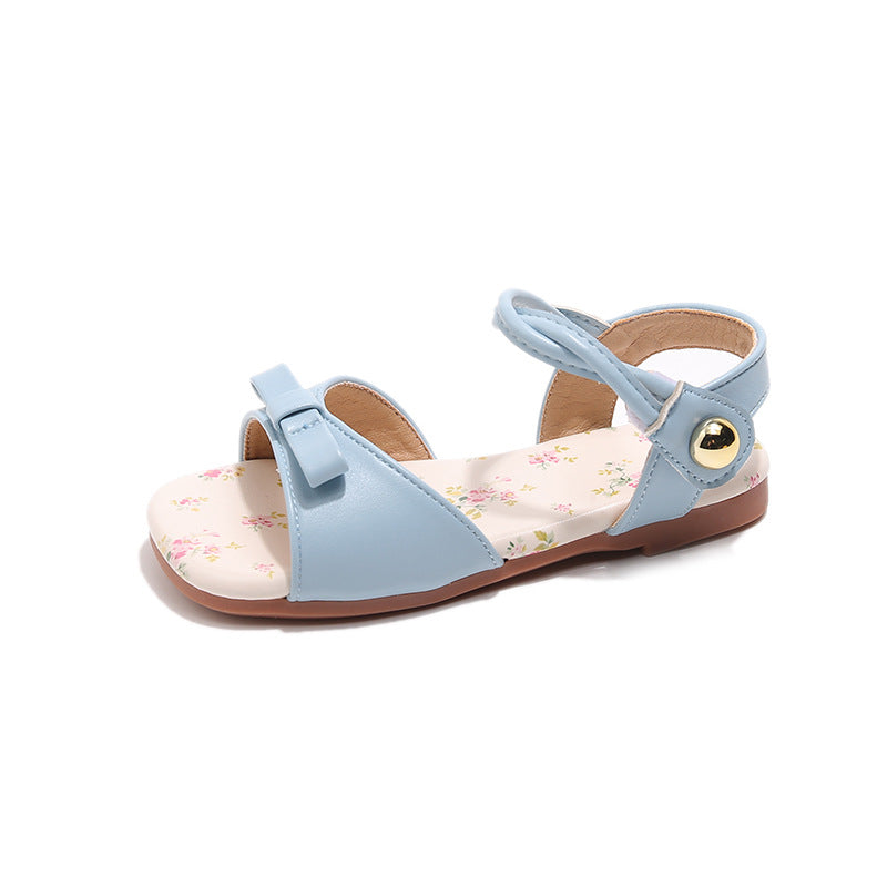 Girls Floral Flat Sandals Bow Tie Princess Strappy Shoes