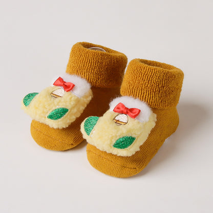 Newborn Baby Christmas Socks Red Combed Cotton Thick Fleece-Lined Non-Slip Floor Socks for Winter