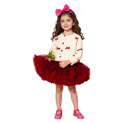 Girls Christmas Outfit Ivory Knit Cardigan with Red Bow & Buttons Red Tutu Skirt Set