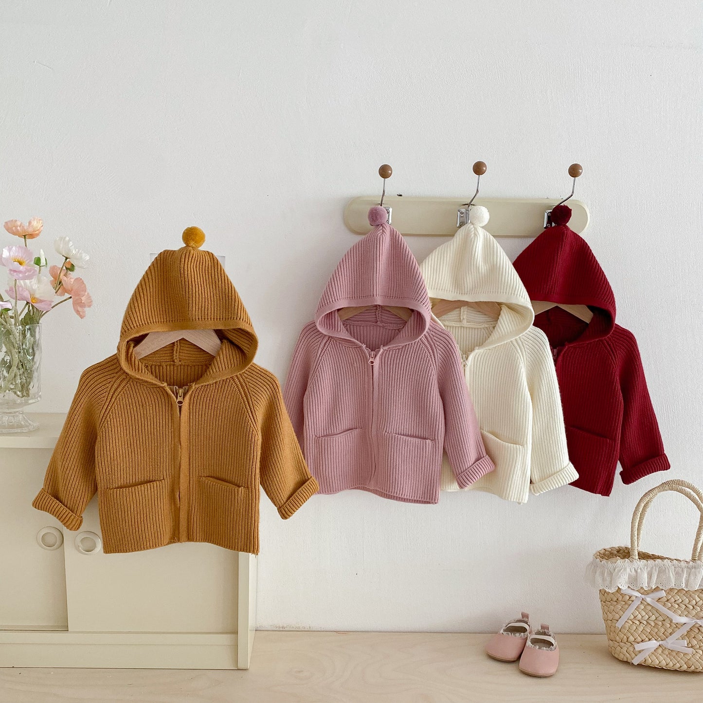 Girls’ Solid Color Hooded Knit Zip-Up Cardigan Fall Winter Warm Raglan Sweater Toddlers & Kids