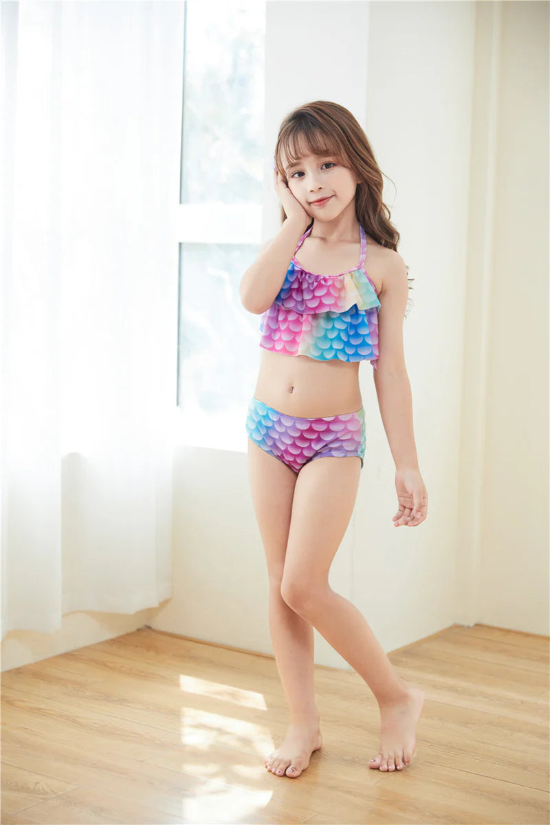 Girls Mermaid Tail Swimsuit Set – Gradient Scale Bikini Top & Mermaid Skirt for Kids, Beach & Pool Costume