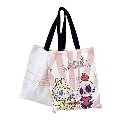 Labubu Cartoon Double-sided Printed Canvas Tote Bag Shoulder Portable