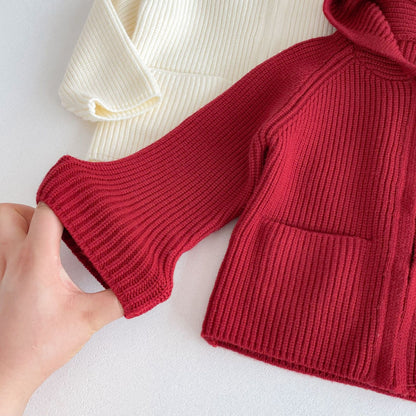 Girls’ Solid Color Hooded Knit Zip-Up Cardigan Fall Winter Warm Raglan Sweater Toddlers & Kids