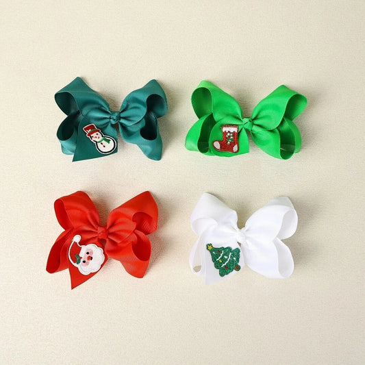 2025 Christmas Embroidered Hair Bows Santa Claus Snowman Christmas Tree Holiday Hair Clips for Girls
