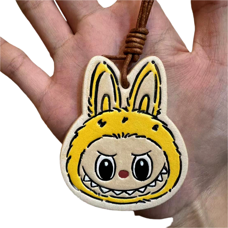 Handmade Leather Cartoon Bag Charm Cute Labubu Keychain Pendant