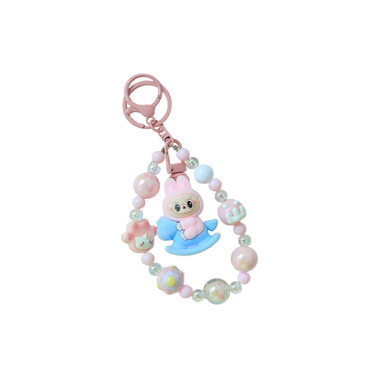 Flocked Labubu Keychain Rocking Horse Character Bag Charm Pendant with Chain