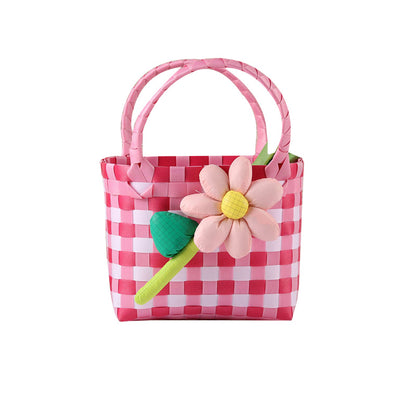 Kids' Woven Summer Colorful Checkered Flower Basket Bag