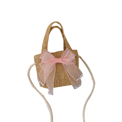 Spring Summer Kids Strawberry Bow Flower Straw Crossbody Bag