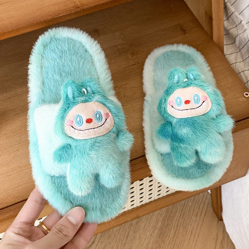 Kids Plush Slippers Fall/Winter New Labubu Stuffed Doll Tie-Dyed Unisex Cozy Non-Slip Slide Slippers