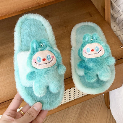 Kids Plush Slippers Fall/Winter New Labubu Stuffed Doll Tie-Dyed Unisex Cozy Non-Slip Slide Slippers
