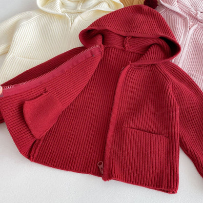 Girls’ Solid Color Hooded Knit Zip-Up Cardigan Fall Winter Warm Raglan Sweater Toddlers & Kids