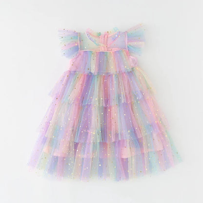 Girl's Rainbow Star Sequined Tulle Puff Sleeve Party Dress