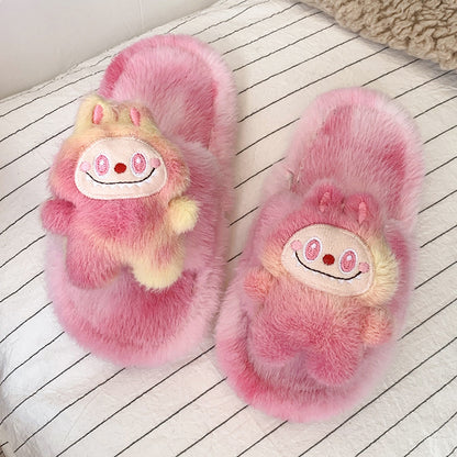 Kids Plush Slippers Fall/Winter New Labubu Stuffed Doll Tie-Dyed Unisex Cozy Non-Slip Slide Slippers