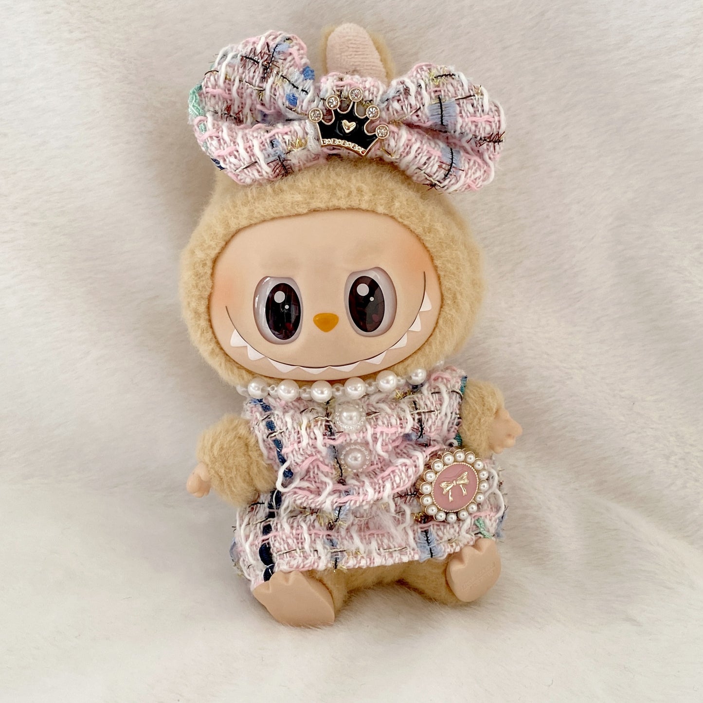 17cm Labubu Elegant Tweed Doll Outfit Bow Headwear Costume