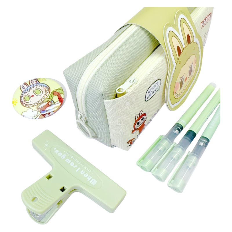 Labubu Pencil Case Multi-Layer Large Capacity Stationery Box with Flip Cover Velcro Closure