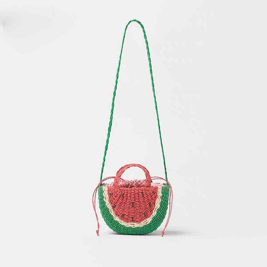 Embroidered Watermelon Straw Crossbody Beach Bag for Vacation