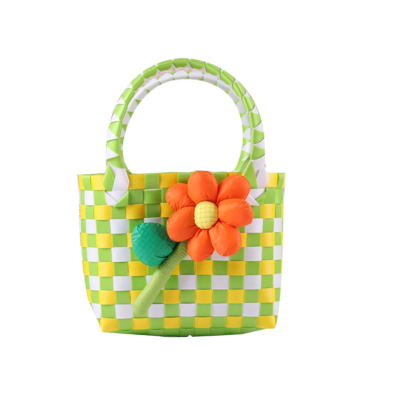 Kids' Woven Summer Colorful Checkered Flower Basket Bag