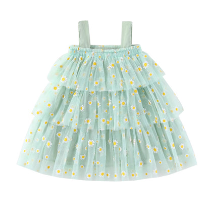 Girls Strapless Floral Daisy Print Mesh Layered Cake Dress